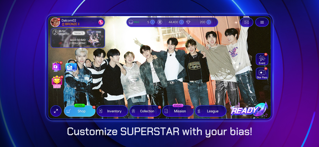 SUPERSTAR WAKEONE - Lobby principal del juego de ritmo SUPERSTAR WAKEONE con el grupo de K-pop ZEROBASEONE.