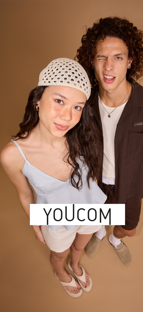 A young man and woman wearing trendy casual clothing from the Youcom app
