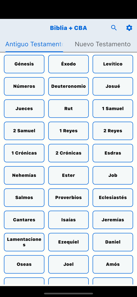 Biblia + CBA - Interface of the Biblia plus CBA app showing a grid of Old Testament books in Spanish