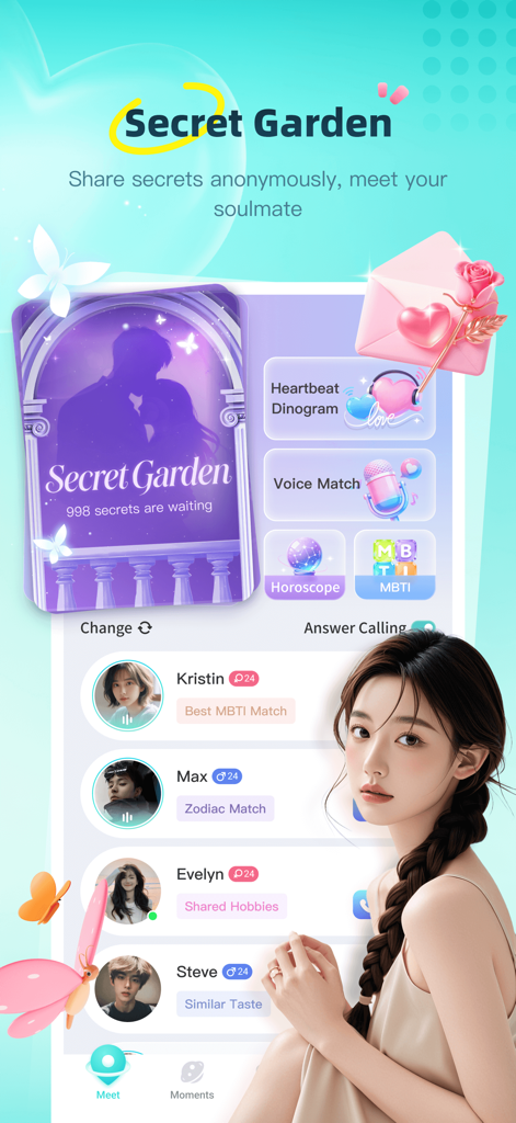 Dino app interface for anonymous social discovery and matching based on MBTI and horoscopes