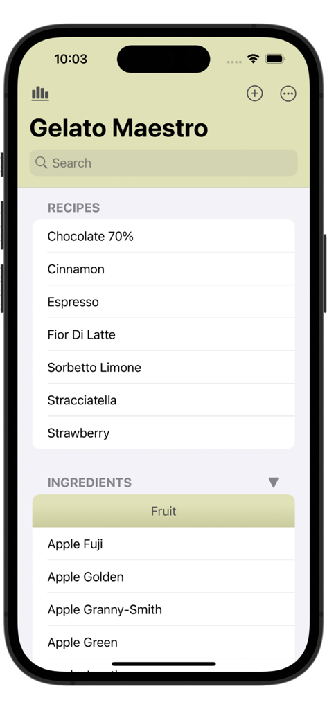 Gelato Maestro Pro: Recipe - Screenshot dell'app Gelato Maestro Pro che mostra schermate di gestione ricette e ingredienti