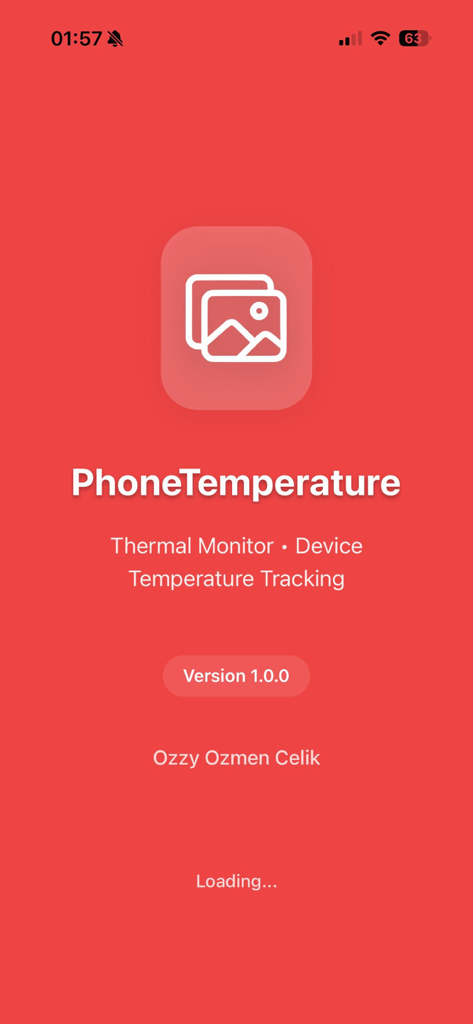 Phone Temperature - Splash screen for Phone Temperature app displaying the thermal monitor and device temperature tracking subtitle on a red background