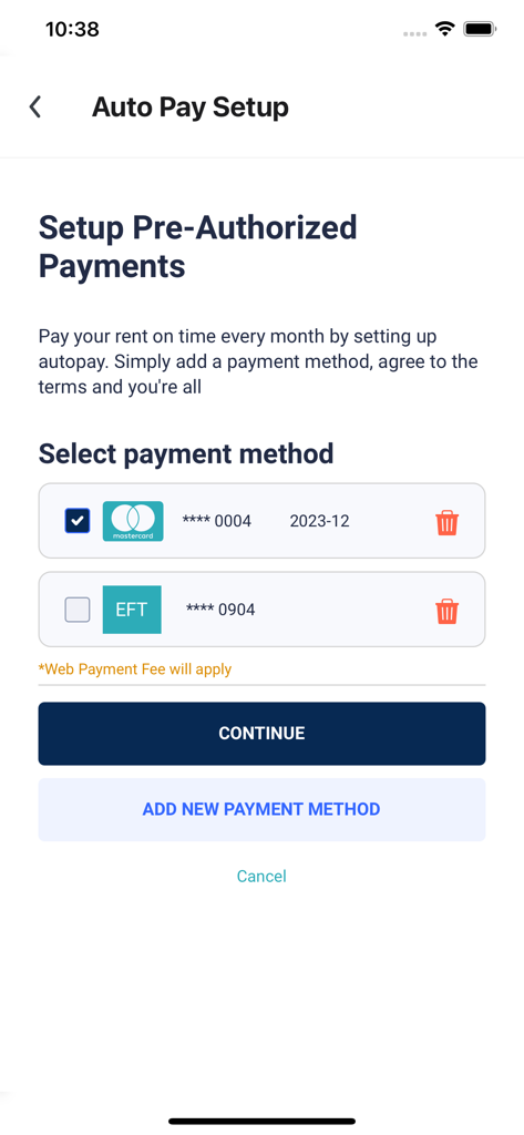 MyVista by Property Vista - The Auto Pay Setup screen of the MyVista app showing options to select a credit card or EFT for pre-authorized rent payments