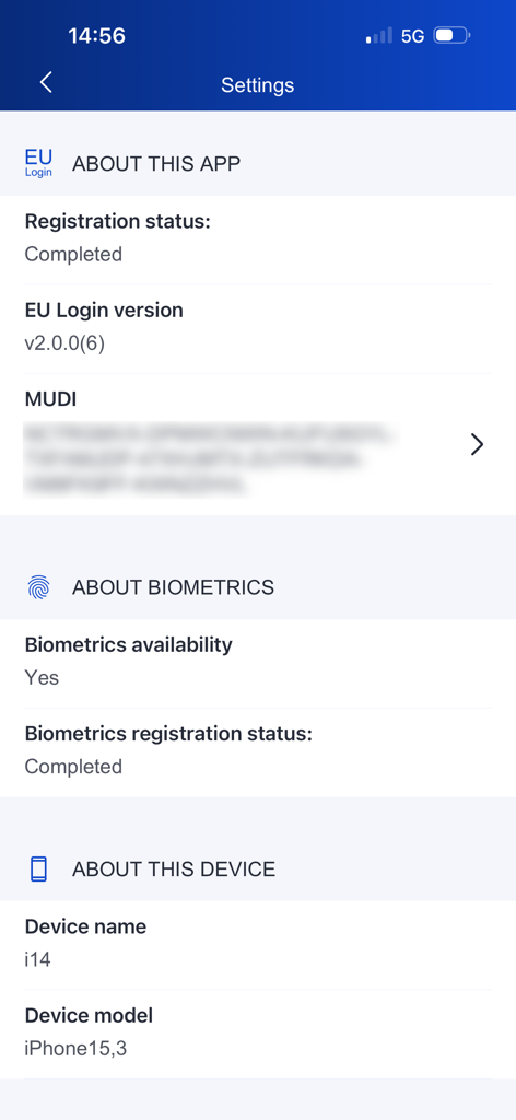 EU Login - Settings screen of the EU Login app displaying registration status, biometrics availability, and device information.