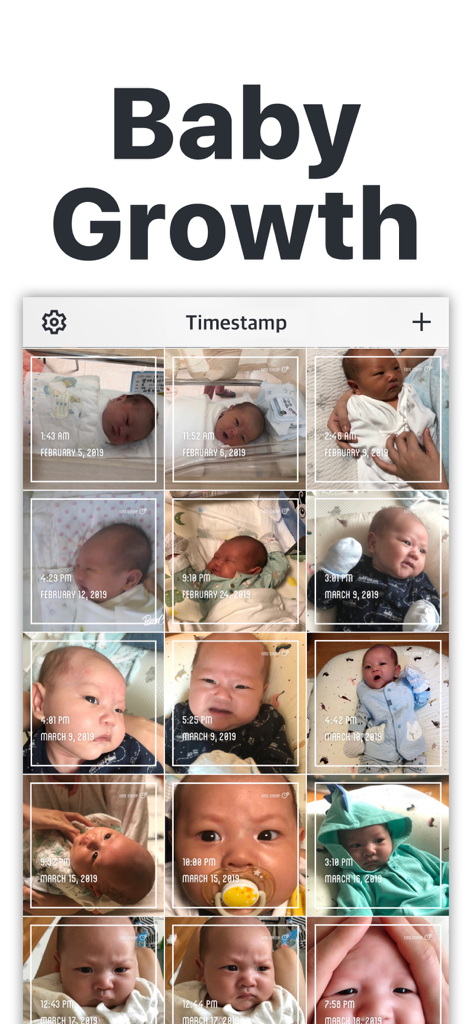Timestamp Camera - Date Stamp - Interface do aplicativo mostrando uma coleção de fotos de bebê com carimbos individuais de data e hora para acompanhar o crescimento