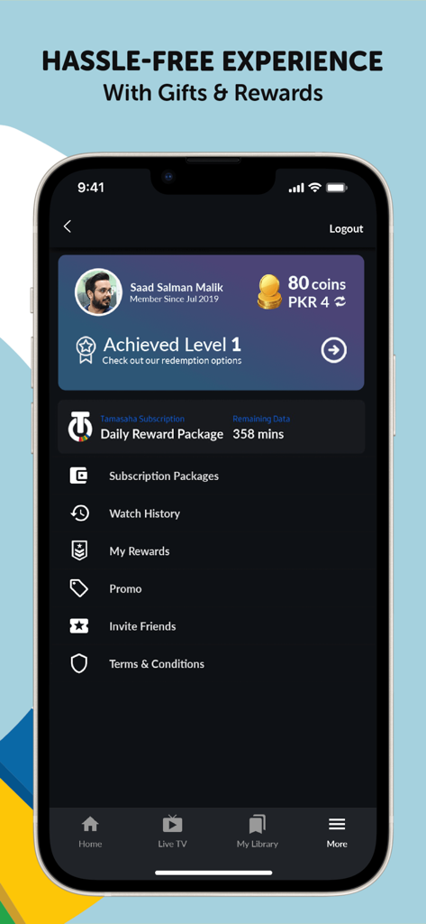Tamasha: Live TV, Movie, Drama - Sezione del profilo utente dell'app Tamasha che mostra premi giornalieri e monete.