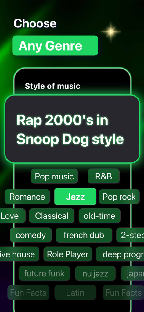 Interface showing music genre options and a custom prompt for a 2000s rap song in Snoop Dogg style.