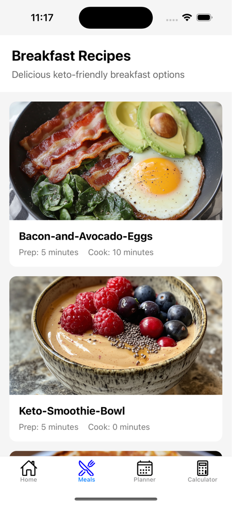 Keto Diet Recipes & Planner - Galería de recetas de desayuno en la aplicación Keto Diet Recipes and Planner mostrando opciones de comidas bajas en carbohidratos con tiempos de preparación.