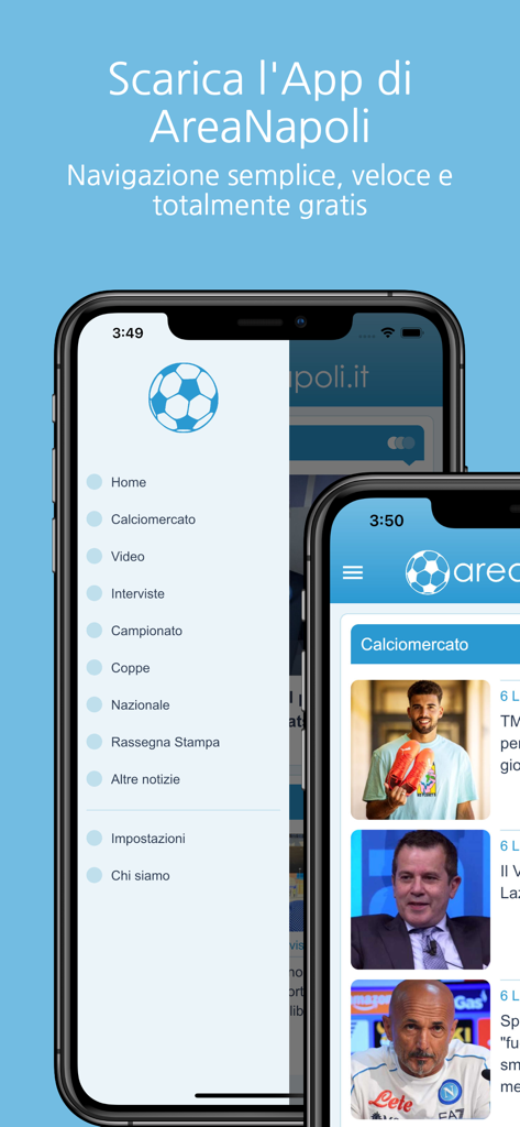 AreaNapoli.it - Official - Interfaccia dell'app ufficiale AreaNapoli.it che visualizza il menu di navigazione laterale e il feed di notizie sul calcio