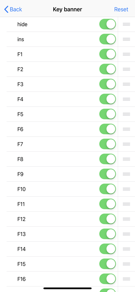 Settings screen for the TN3270 app showing toggles and reorder options for function keys in the key banner.