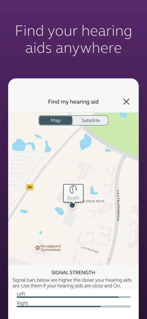 A screenshot of the BeMore app showing the Find my hearing aid feature with a map and signal strength bars for left and right devices.