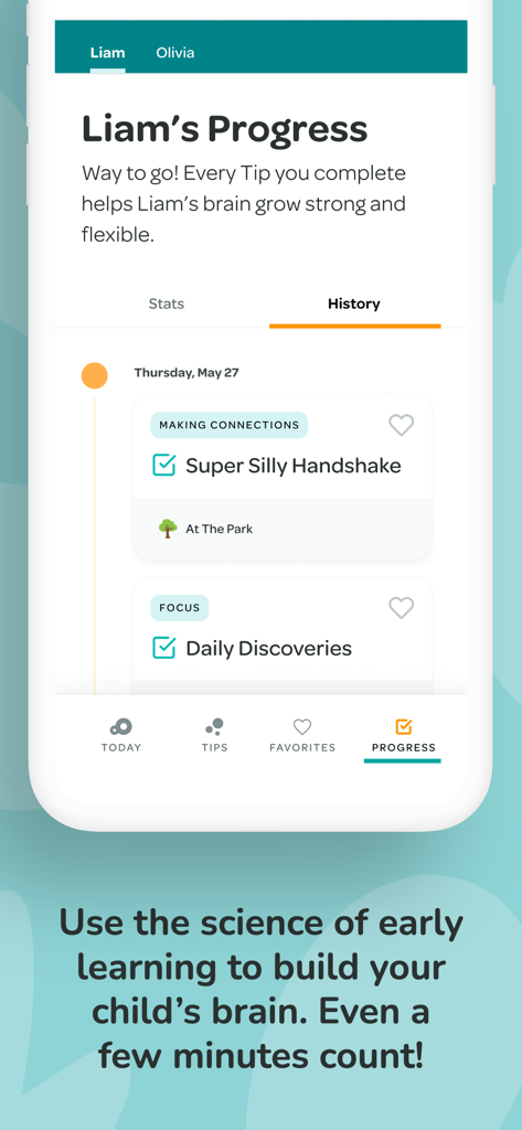 Vroom: Early Learning - A smartphone display showing the progress and history screen of the Vroom app where parents can track their child's completed brain building activities.