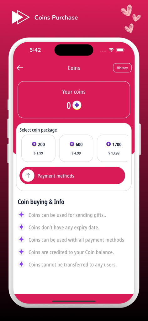 Interface of the Upoznaj me Balkan app showing coin packages available for purchase to send virtual gifts.