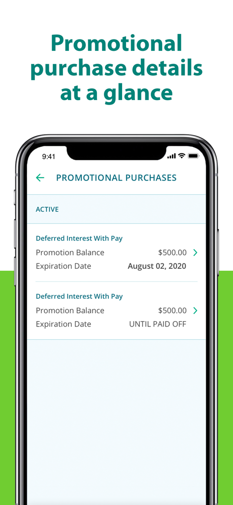CareCredit Mobile - 有効なプロモーション購入の詳細と据置利息の期限日を表示するCareCreditモバイルアプリの画面