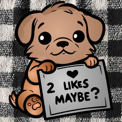 a puppy holding a sign that says 2 likes maybe?