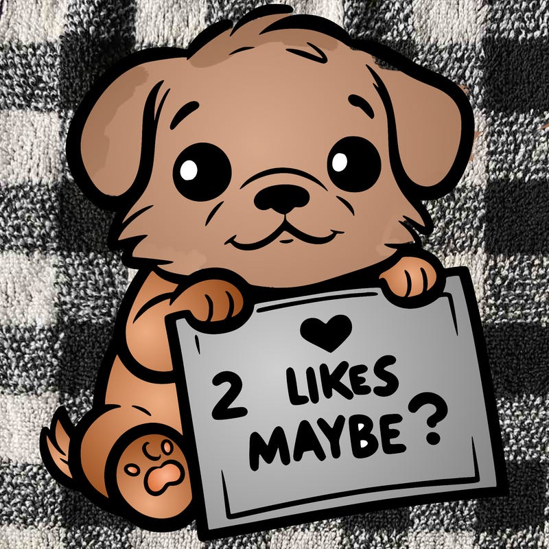 a puppy holding a sign that says 2 likes maybe?