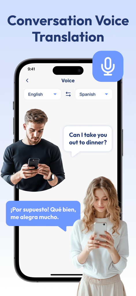 Voice translation interface of Portal Translate app showing a conversation in English and Spanish