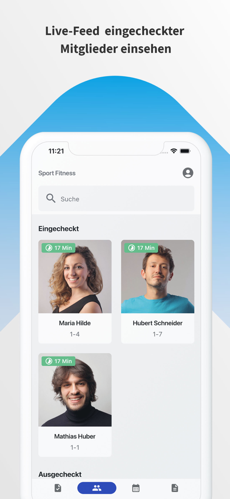 Magicline - Live feed showing checked in gym members with names and photos in the Magicline app.
