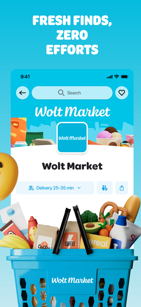 L'interface de l'application mobile Wolt Market affiche un panier d'épicerie bleu rempli de produits alimentaires sous le texte « Trouvailles fraîches sans effort ».