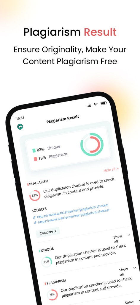 Article Rewriter - Schermata dell'app mobile che mostra un rapporto sul plagio con percentuale di unicità e fonti originali