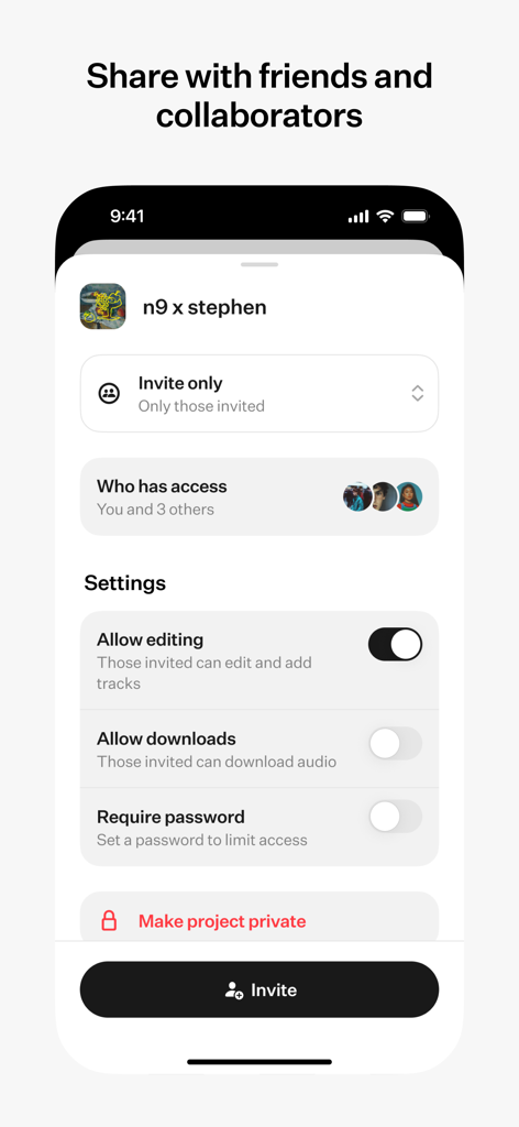 Sharing and collaboration settings screen in the untitled music app showing access controls for editing and downloads