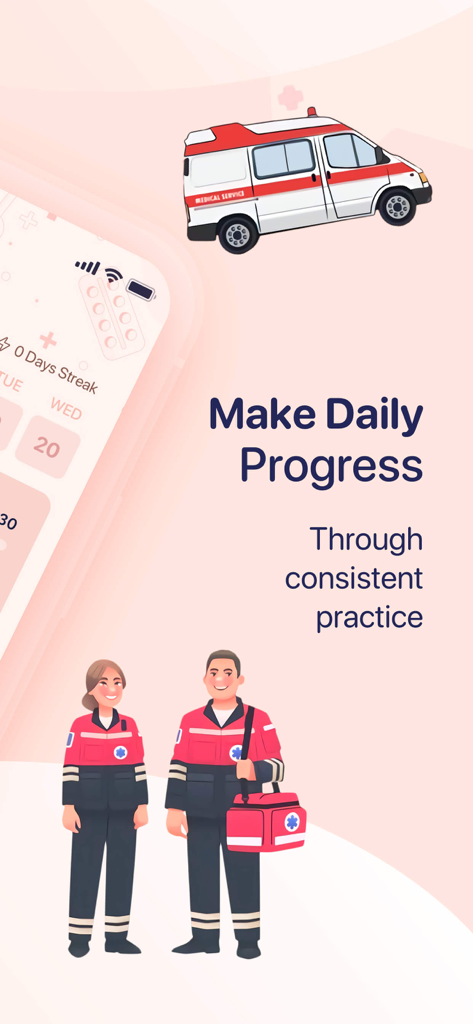 EMT Exam Prep 2026 - Illustration of two EMTs and an ambulance with text about consistent daily study progress