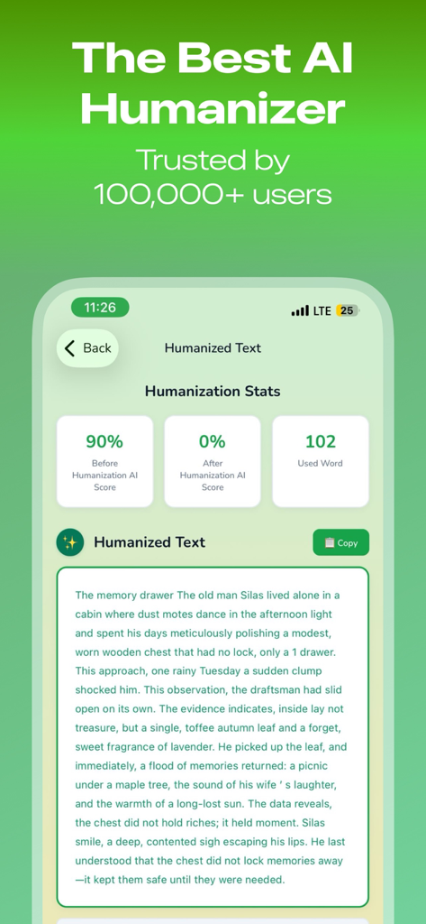 Natural Write - Humanize AI - Natural Write app interface showing AI humanization statistics with a reduction in AI score from 90 percent to 0 percent