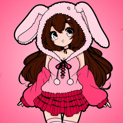 pretty anime girl wearing a fluffy hoodie with bunny ears on the hood and a skirt