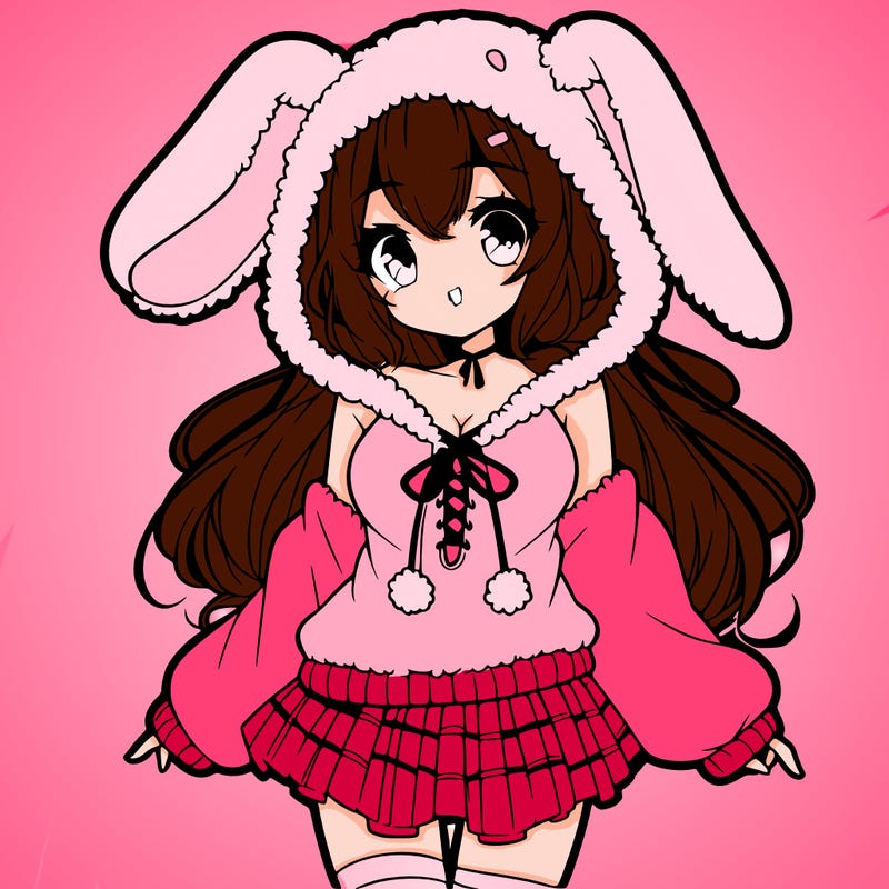 pretty anime girl wearing a fluffy hoodie with bunny ears on the hood and a skirt