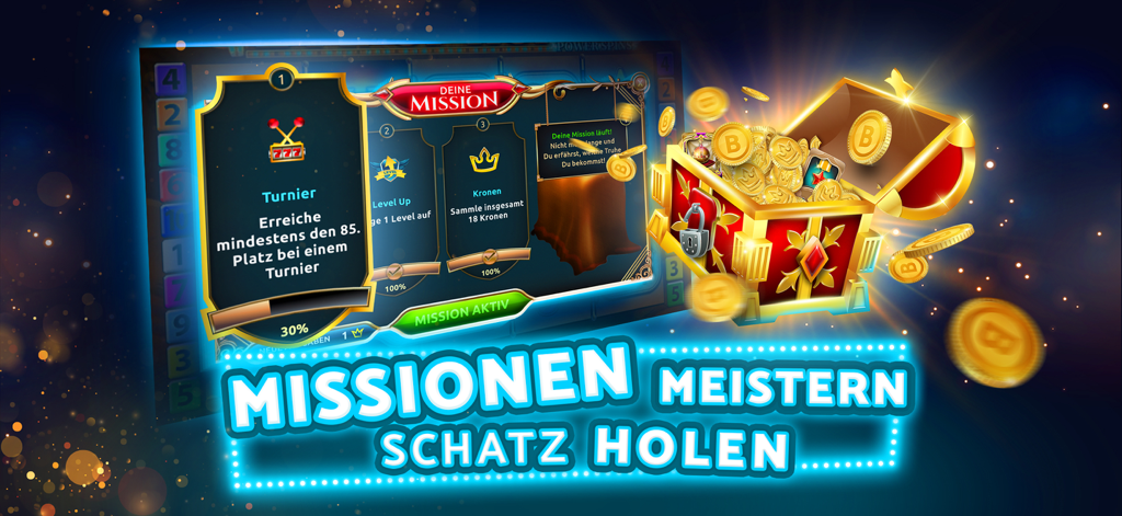 CrazyBuzzer Casino Slot Spiele - CrazyBuzzer social casino mission interface featuring a treasure chest full of gold coins and tournament goals