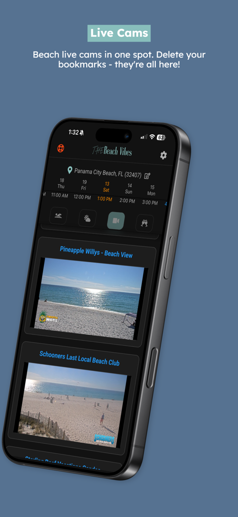 The Beach Vibes - Smartphone displaying live beach camera feeds on The Beach Vibes app for Panama City Beach