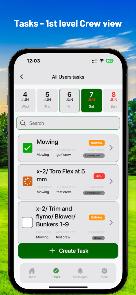 Pantalla móvil que muestra la lista de tareas de la app Golf Manager para el equipo de mantenimiento, incluyendo siega y mantenimiento de bunkers.