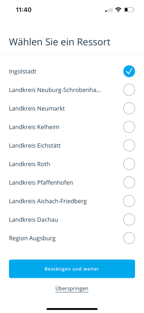 DK News - DONAUKURIER Mobil - Auswahlbildschirm für bayerische Regionen in der mobilen App des Donaukurier