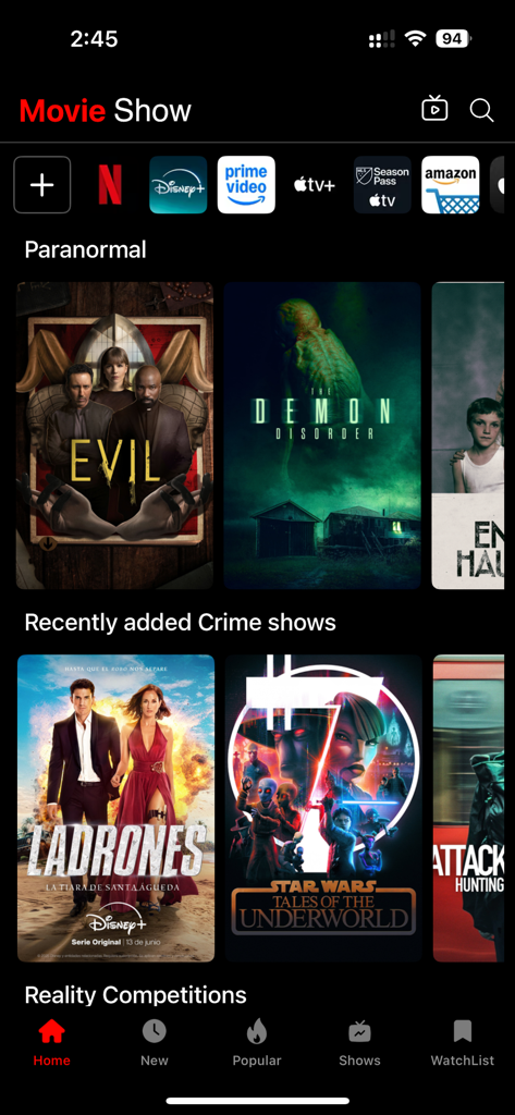 Movies Box: Movies & TV Show - 영화 카테고리와 통합 스트리밍 서비스 아이콘을 표시하는 Movies Box 앱 홈 화면