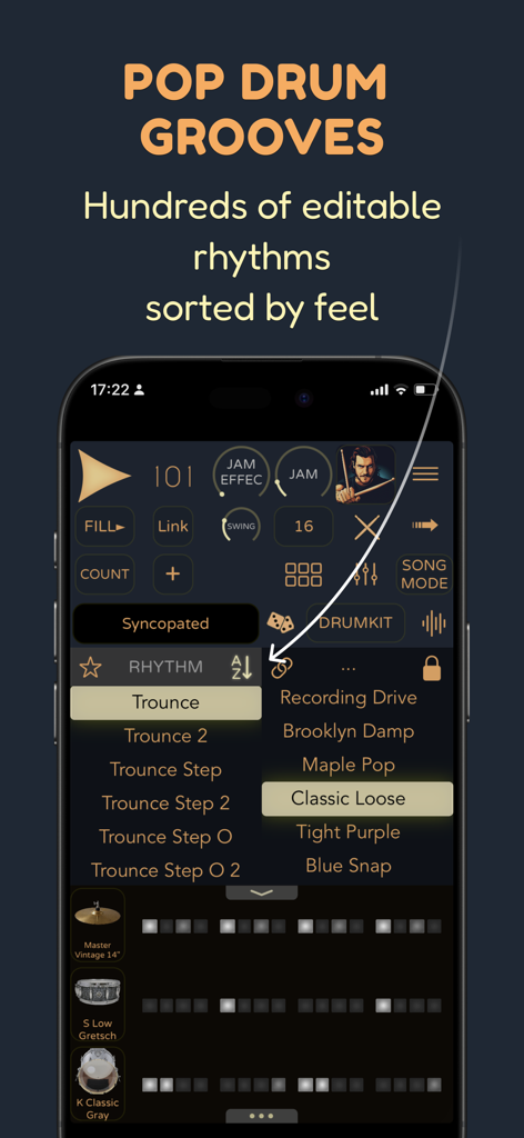 Pop Drummer -Real Drum Machine - interface of pop drummer app showing a list of editable rhythms and grooves sorted by feel