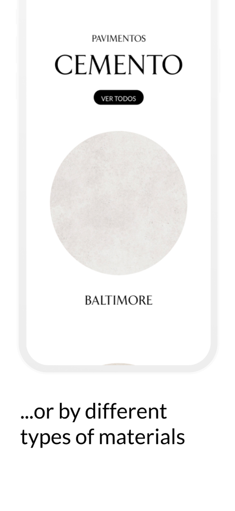 Porcelanosa app screen displaying a cement flooring category with a sample of Baltimore tiles