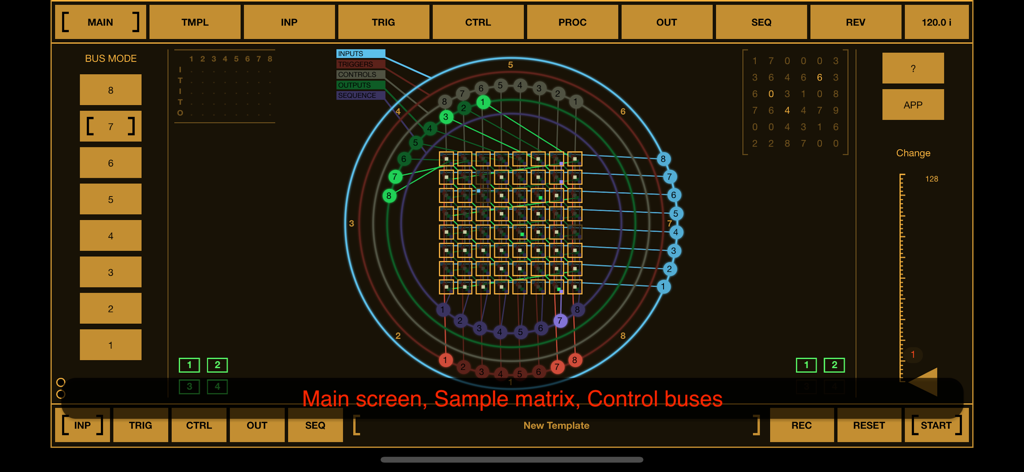 BeatCutter - Interfaz de la aplicación BeatCutter que muestra la matriz principal de samples y los buses de control circulares en un estilo cyberpunk