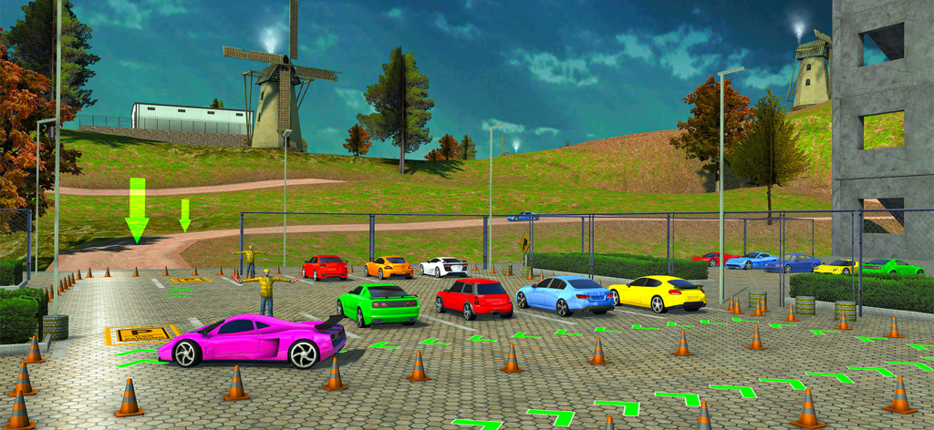 Car Parking: 3D Driving Games - Una simulación 3D de aparcamiento de coches mostrando un coche deportivo rosa en un aparcamiento con conos de tráfico y flechas direccionales.