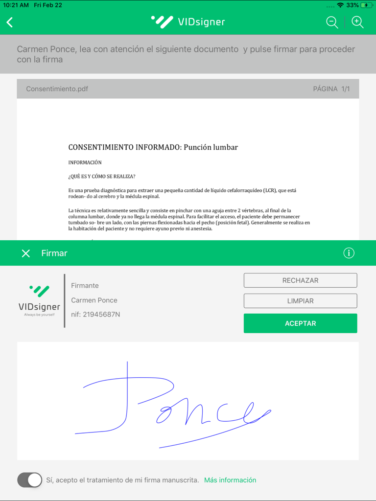 VIDsigner - A handwritten biometric signature being captured on an iPad for a medical consent document using the VIDsigner app.