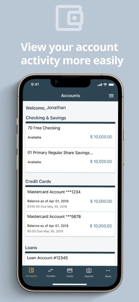 SchoolsFirst FCU Mobile - Écran d'aperçu du compte de l'application SchoolsFirst FCU Mobile affichant les soldes des comptes bancaires et des cartes de crédit