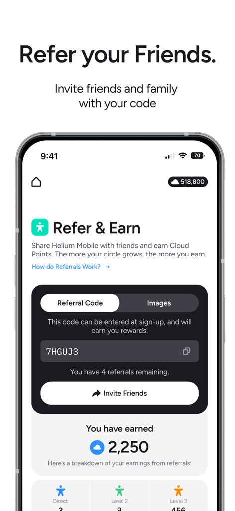 Helium Mobile - Helium Mobile app referral page showing rewards and invite code