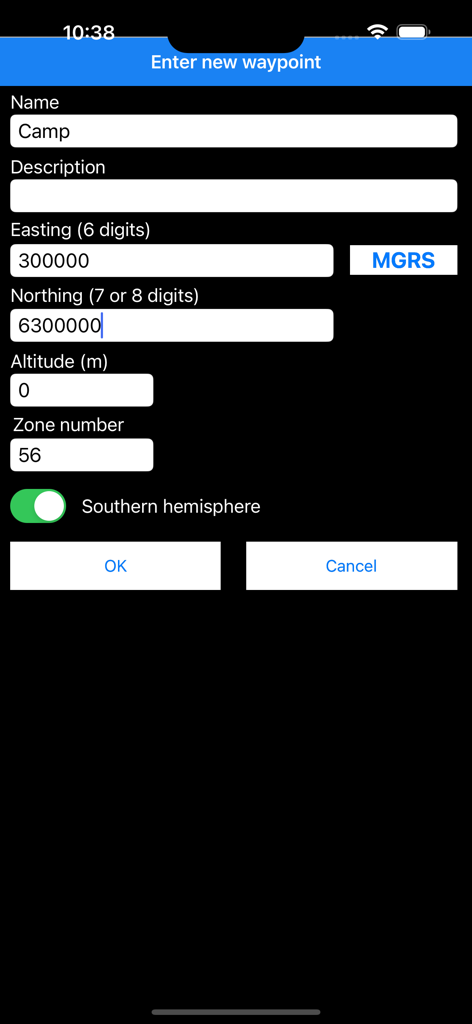 Interfaz de entrada de puntos de referencia de Handy GPS con coordenadas UTM