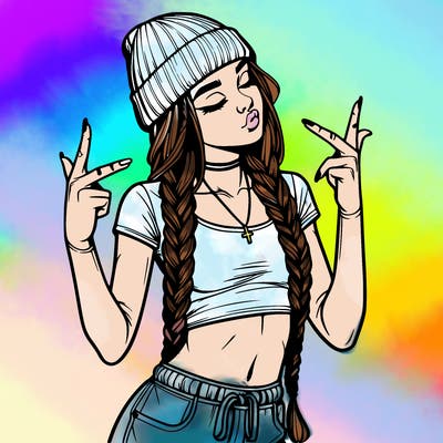 realistic teenage girl with braids and a beanie and crop top doing 🫶🏼