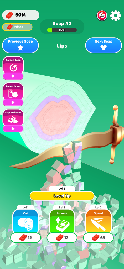 Idle Soap ASMR - Una captura de pantalla de ASMR de Cortar Jabón que muestra una espada cortando un bloque de jabón con forma de labio, revelando capas internas coloridas y menús de mejora.