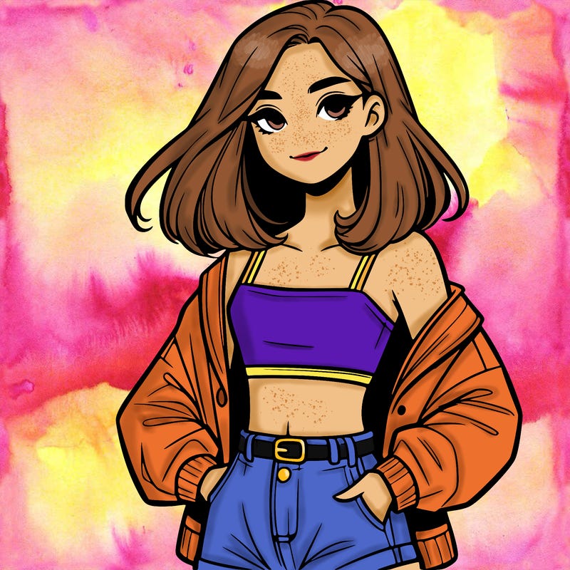 a realistic girl with a crop top and short shorts in an open jacket