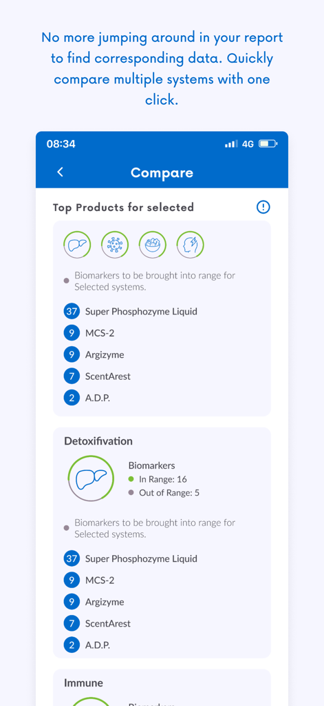 Visera Link app comparison screen showing top recommended health products for detoxification and immune systems