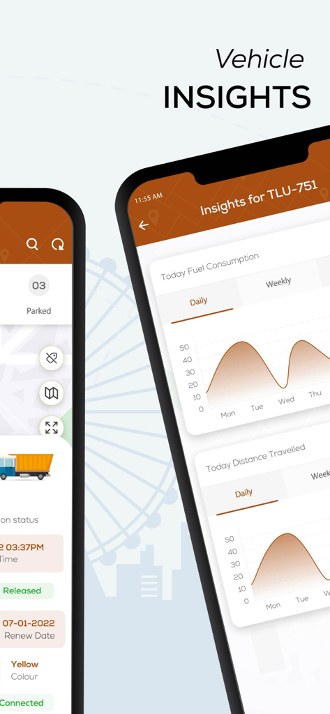 Mux Tech - Mux Tech mobile app screen showing graphs for vehicle fuel consumption and distance travelled.