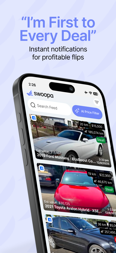 Swoopa app interface showing car listings with AI price filters and instant notifications for profitable flips