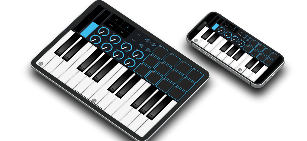 MIDI-Controller - MIDI Controller app interface showing piano keys and drum pads on iPad and iPhone
