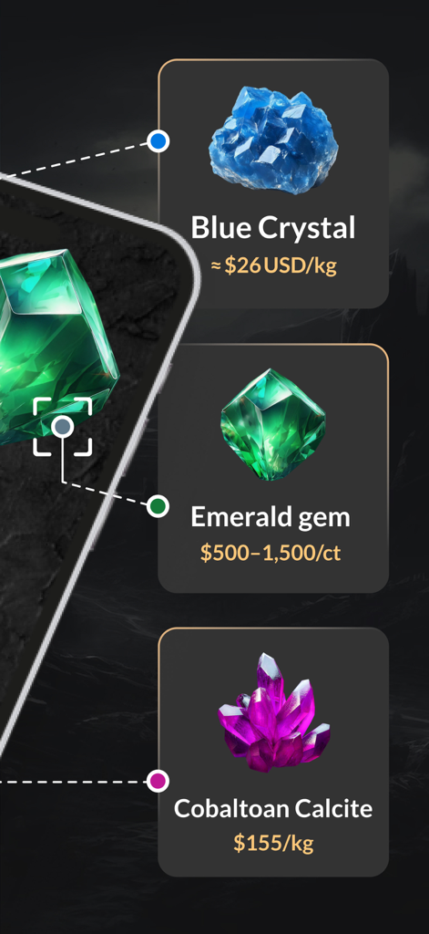 Aplicación Stone Identifier mostrando la identificación y estimaciones de precios para esmeraldas y cristales